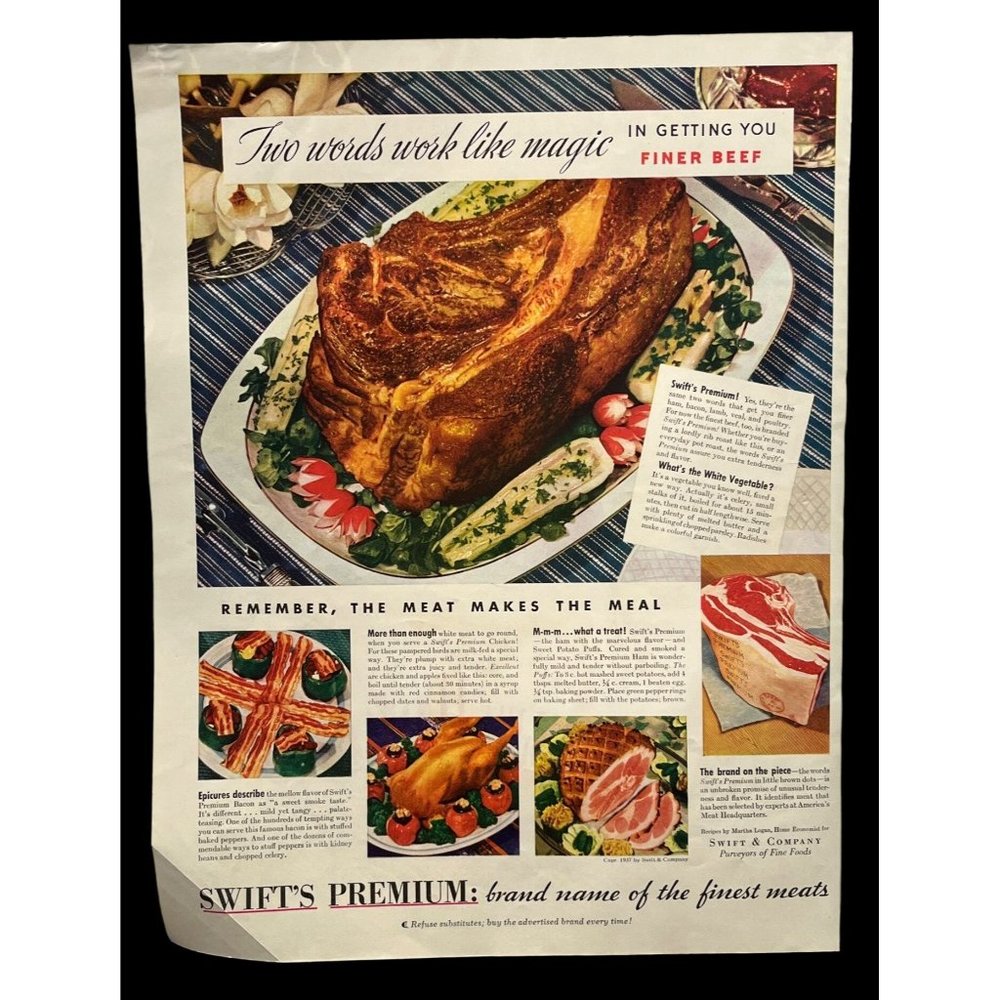 Swift's Premium Meats Vintage Print Ad 1938 Beef Rib Chicken Ham Bacon